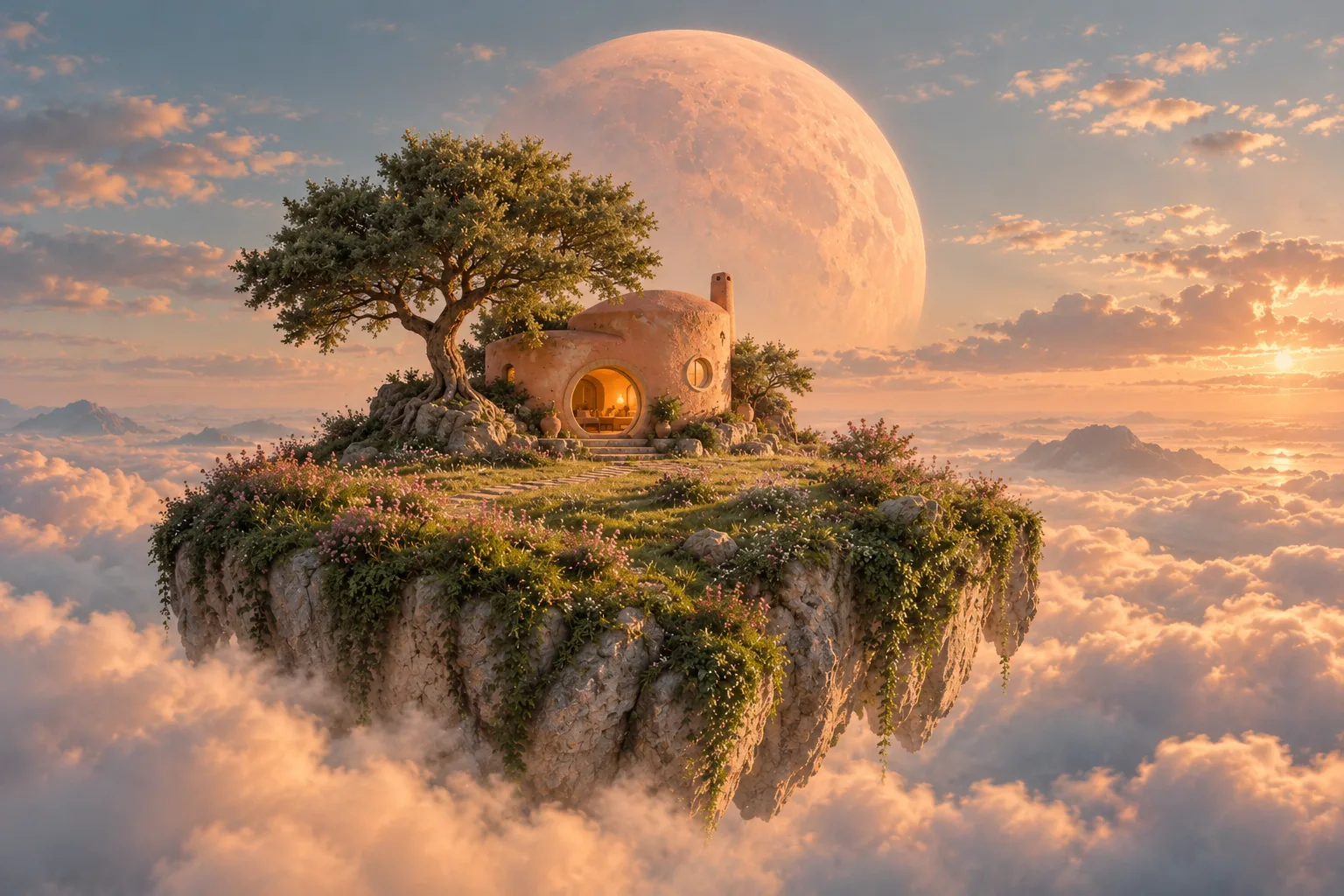 A small terracotta house and an old tree on a floating island, with a peach moon above the clouds