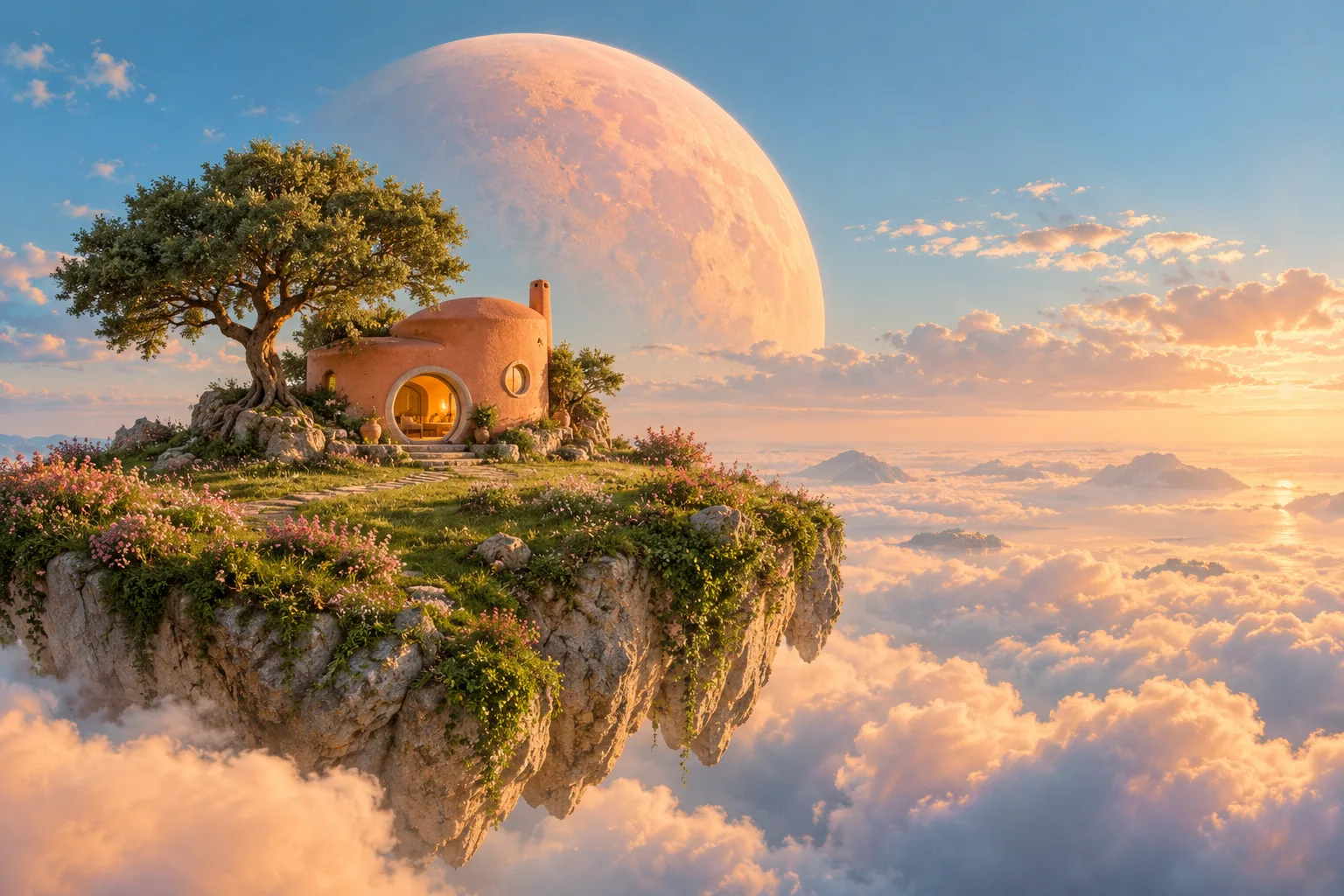 A peach-colored house and tree floating above soft clouds