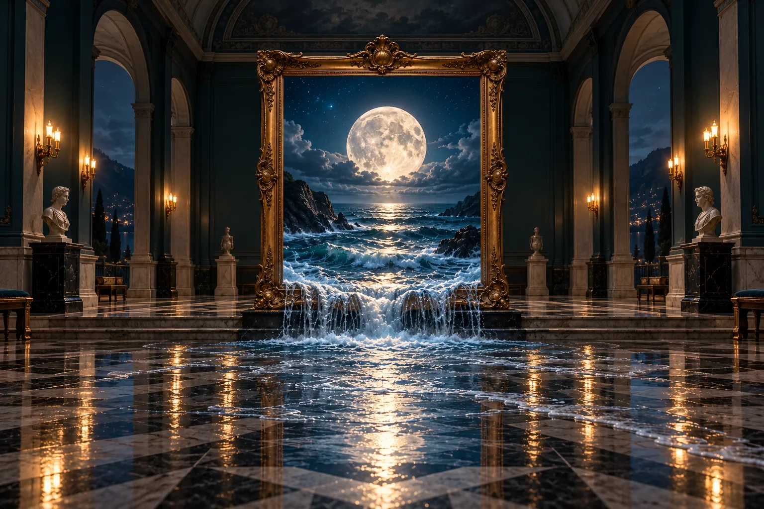 Moonlit ocean waves spill from an ornate gold frame into a quiet marble museum