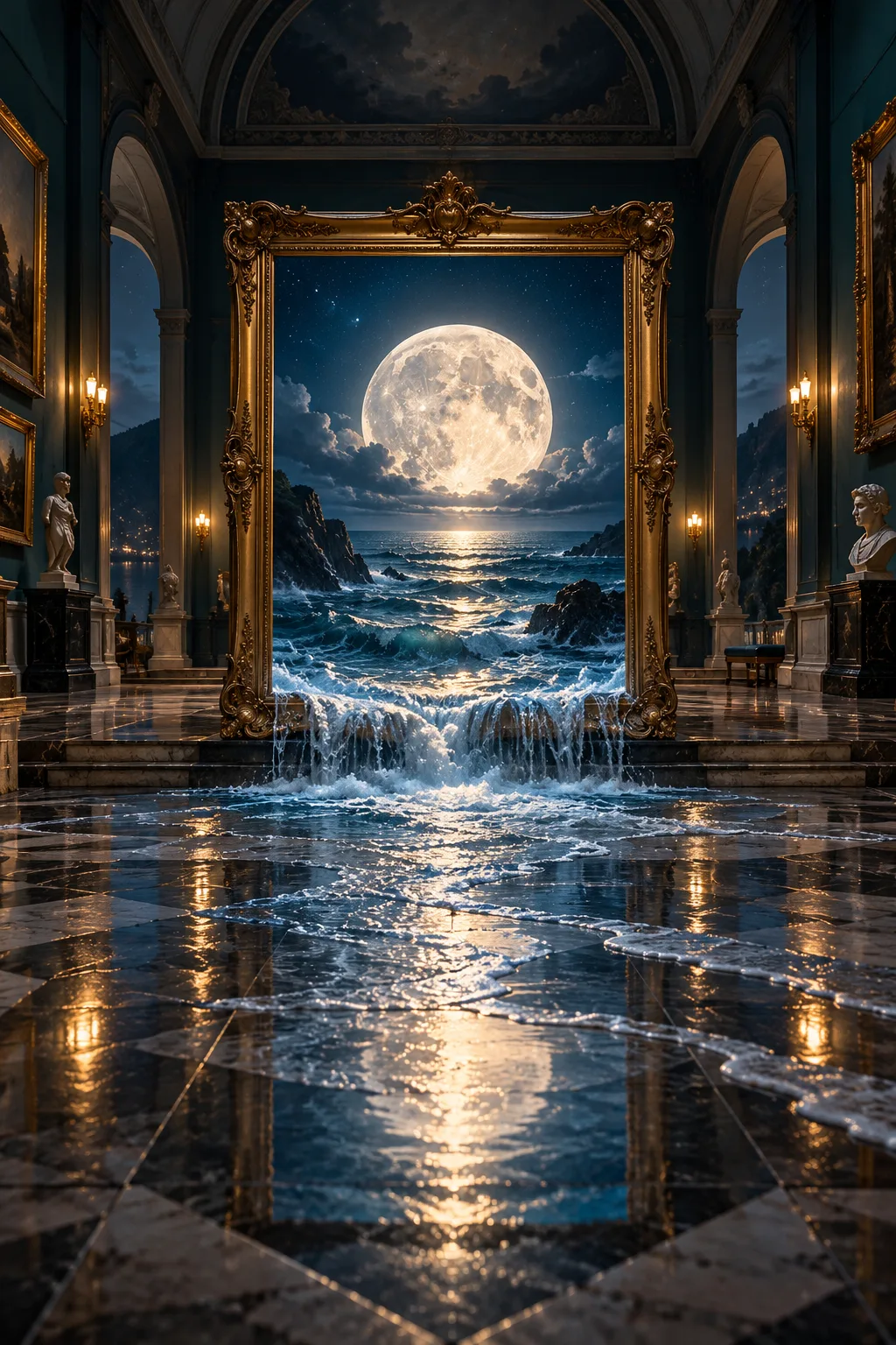 An ocean and moon glowing inside a gold frame in a quiet museum